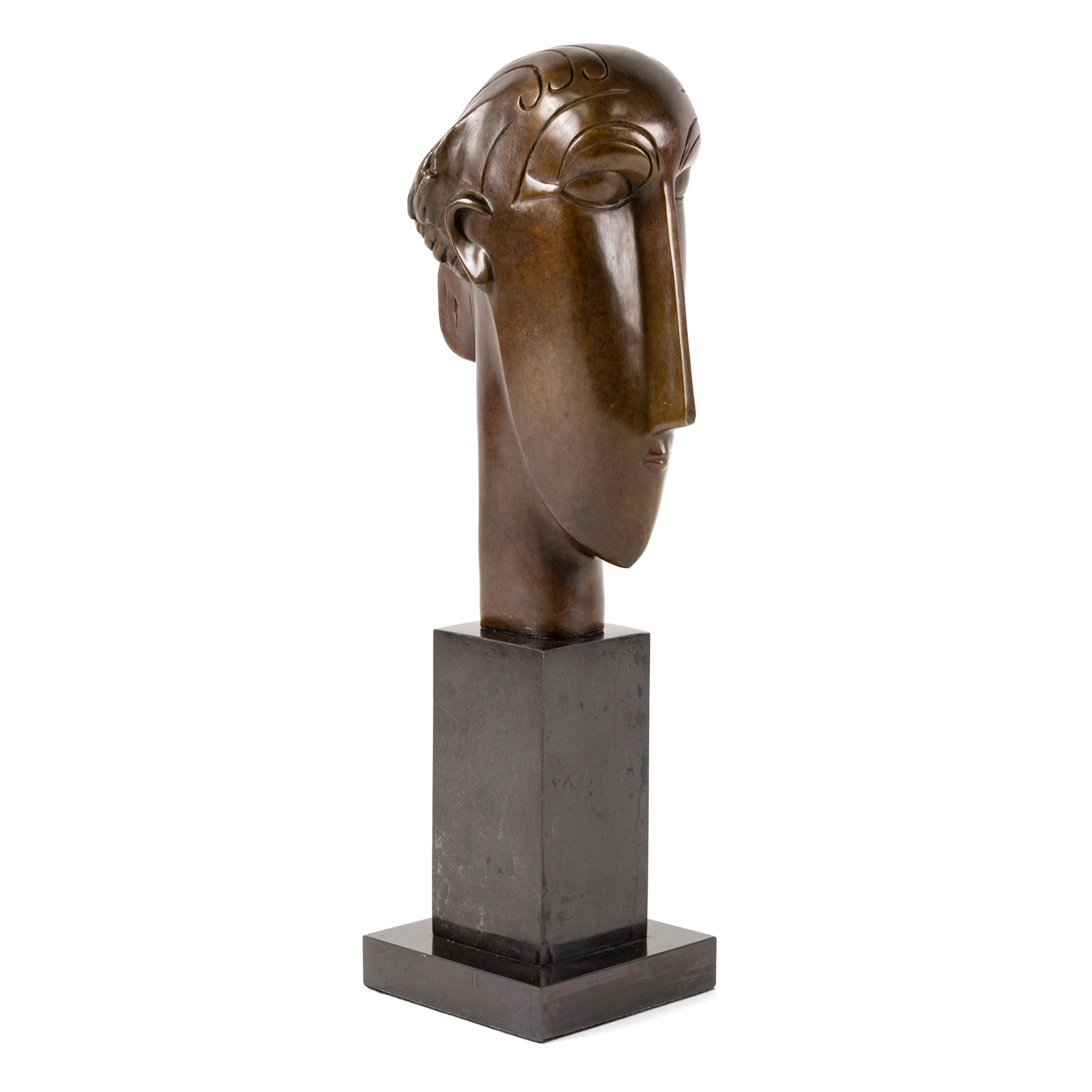 After Amedeo Modigliani - bronze sculpture modelled as a female face, upon a square base, overall H38cm
