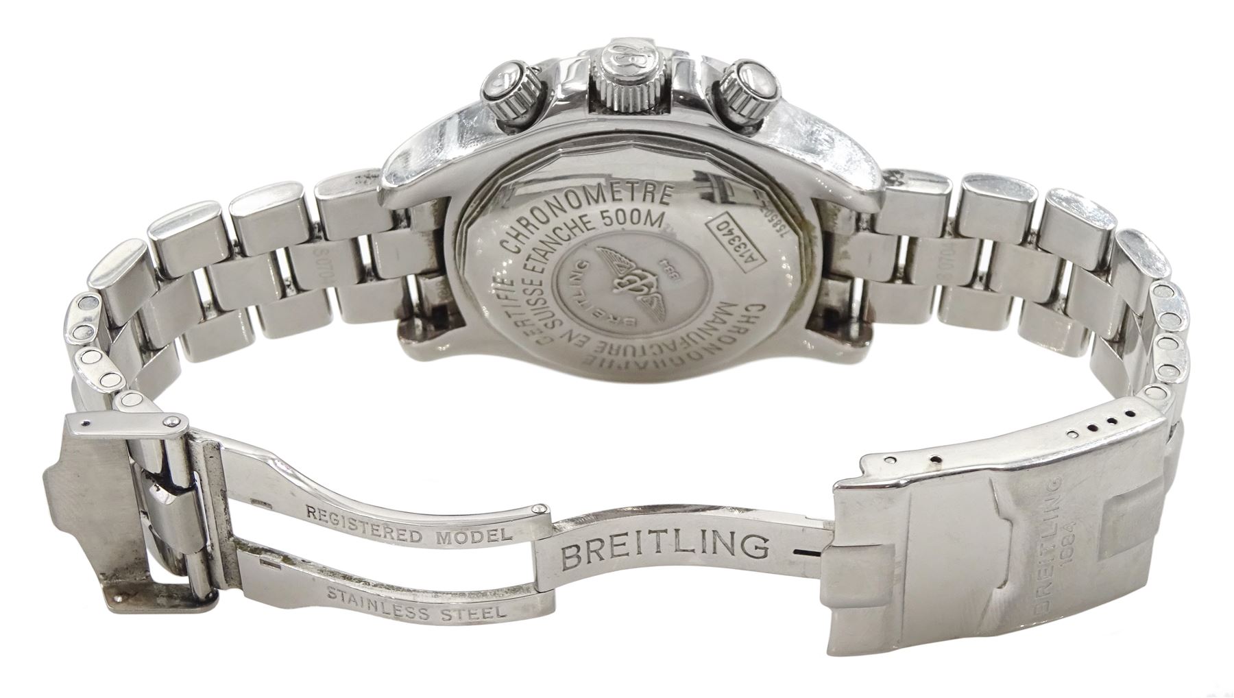 Breitling Superocean gentleman's stainless steel automatic chronograph wristwatch, Ref. A13340, blue dial with triple register recording hours, minutes and continuous seconds and date aperture, boxed with papers and additional links