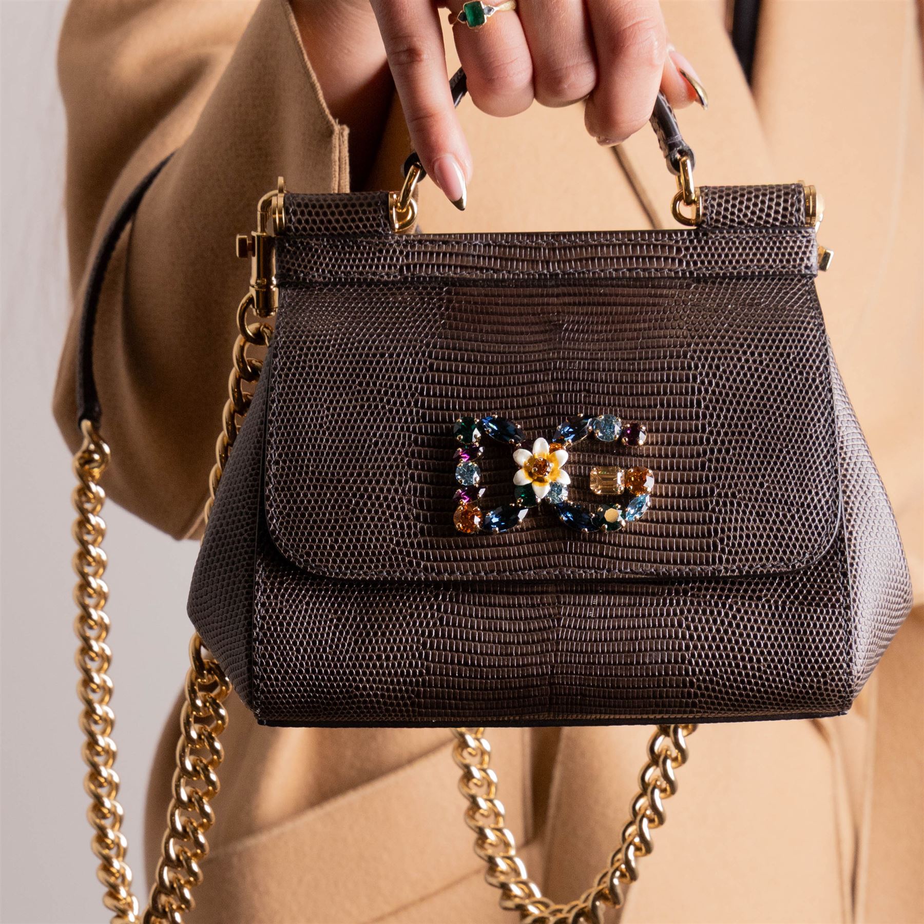 Dolce & Gabbana - ‘Miss Sicily’ Jewelled Mini Shoulder Bag, the model introduced for the Fall/Winter 2017/2018 collection, in structured brown iguana-print calfskin leather, the front applied with a multicoloured crystal-set DG monogram logo incorporating floral motif, with detachable gold-tone chain shoulder strap, unused with original dust bag and tags