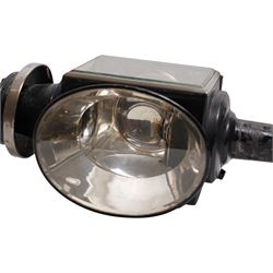 Hamshaw (Leicester) - pair of Edwardian white metal and toleware carriage lamps, the pagoda moulded with patera motif, over a rectangular body with oval convex lens and bevelled glass and reflective panels, cylindrical stem, maker engraved to candle mount
