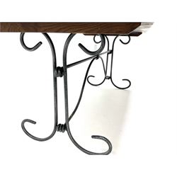 Contemporary oak and wrought metal table, rectangular top on scroll work base
