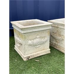 Pair stone effect square planters, each side decorated with urn, top and bottom mould - THIS LOT IS TO BE COLLECTED BY APPOINTMENT FROM DUGGLEBY STORAGE, GREAT HILL, EASTFIELD, SCARBOROUGH, YO11 3TX
