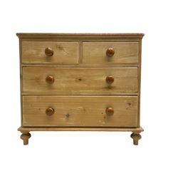 Late Victorian stripped pine chest, fitted with two short over two long graduating drawers, raised on turned feet
