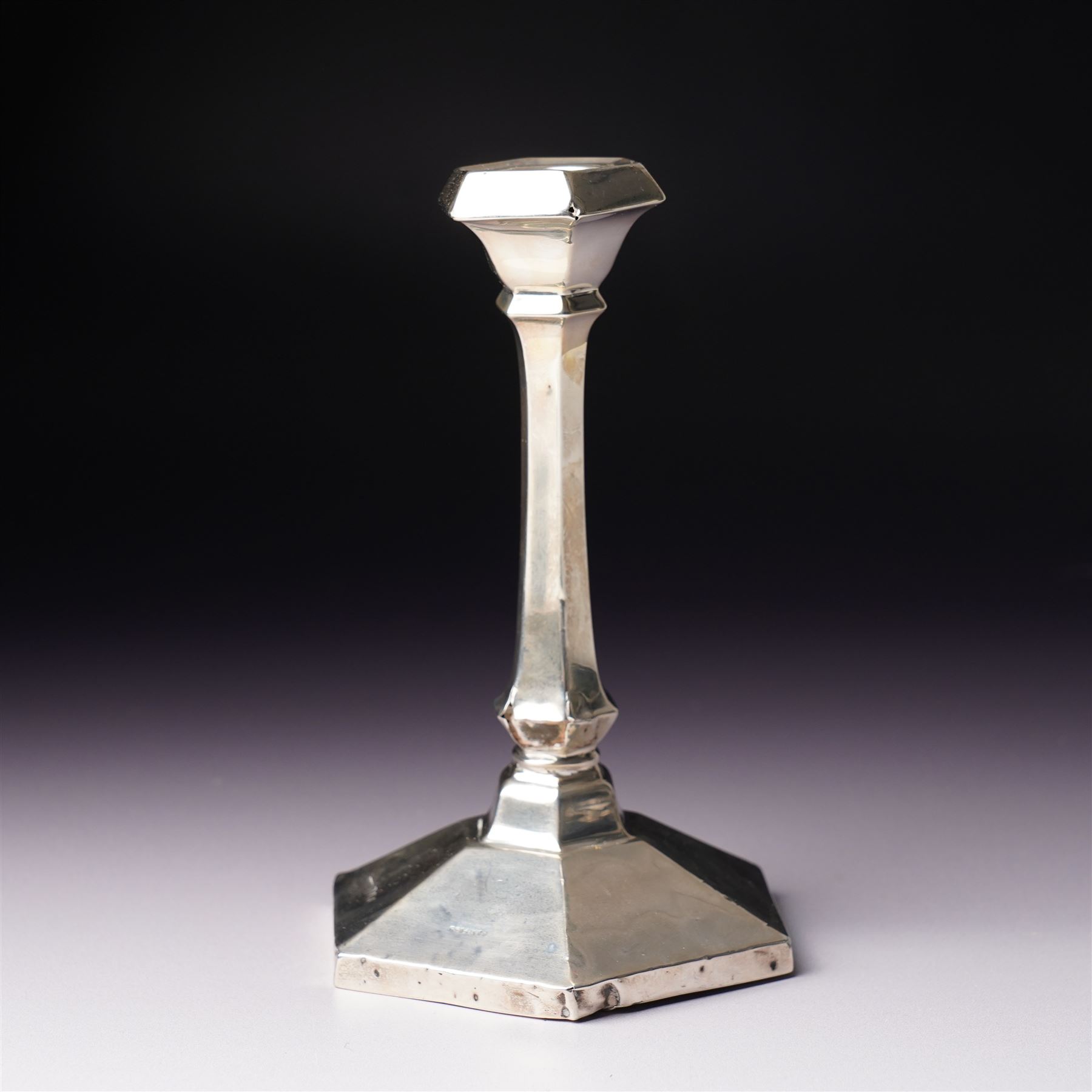 Pair of Art Deco design silver candlesticks with panel sided stems on hexagonal bases H15cm Birmingham 1923 Maker W G Sothers Ltd