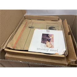 Clear glass demijohn / carboy, four wine bottles with wicker baskets, W T Avery & Co scales, Singer sewing machine, quantity of costume jewellery, trophy stand with silver-plate shields, quantity of vinyl records, stamps etc