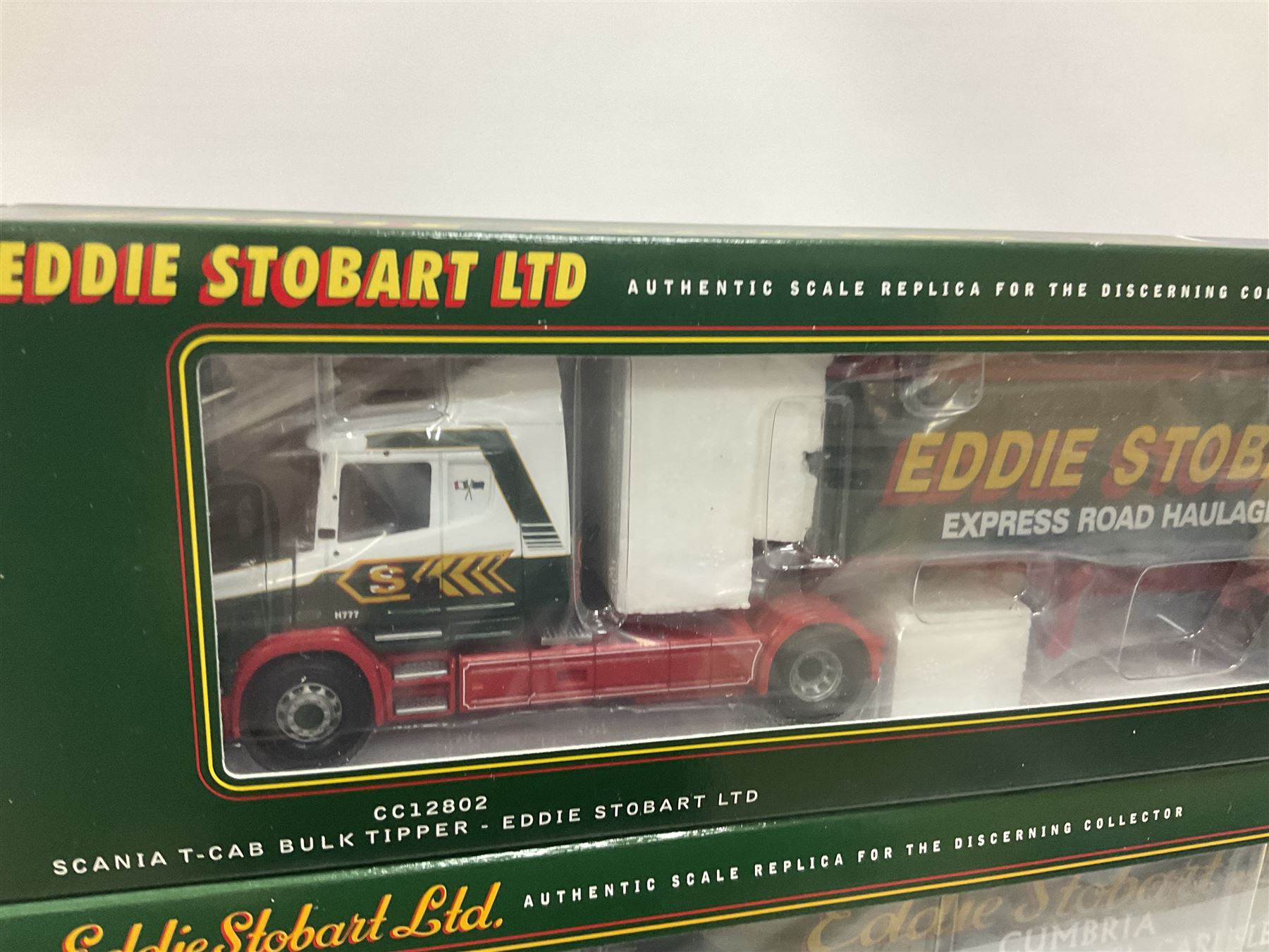 Corgi - four limited edition 1:50 scale Eddie Stobart heavy haulage vehicles comprising CC12802 Scania T-Cab Bulk Tipper; CC13207 DAF XF Space Cab and Flatbed Trailer; CC13101 Volvo F88 Box Trailer; and CC12607 Scammell Crusader Tautliner; all boxed (4)