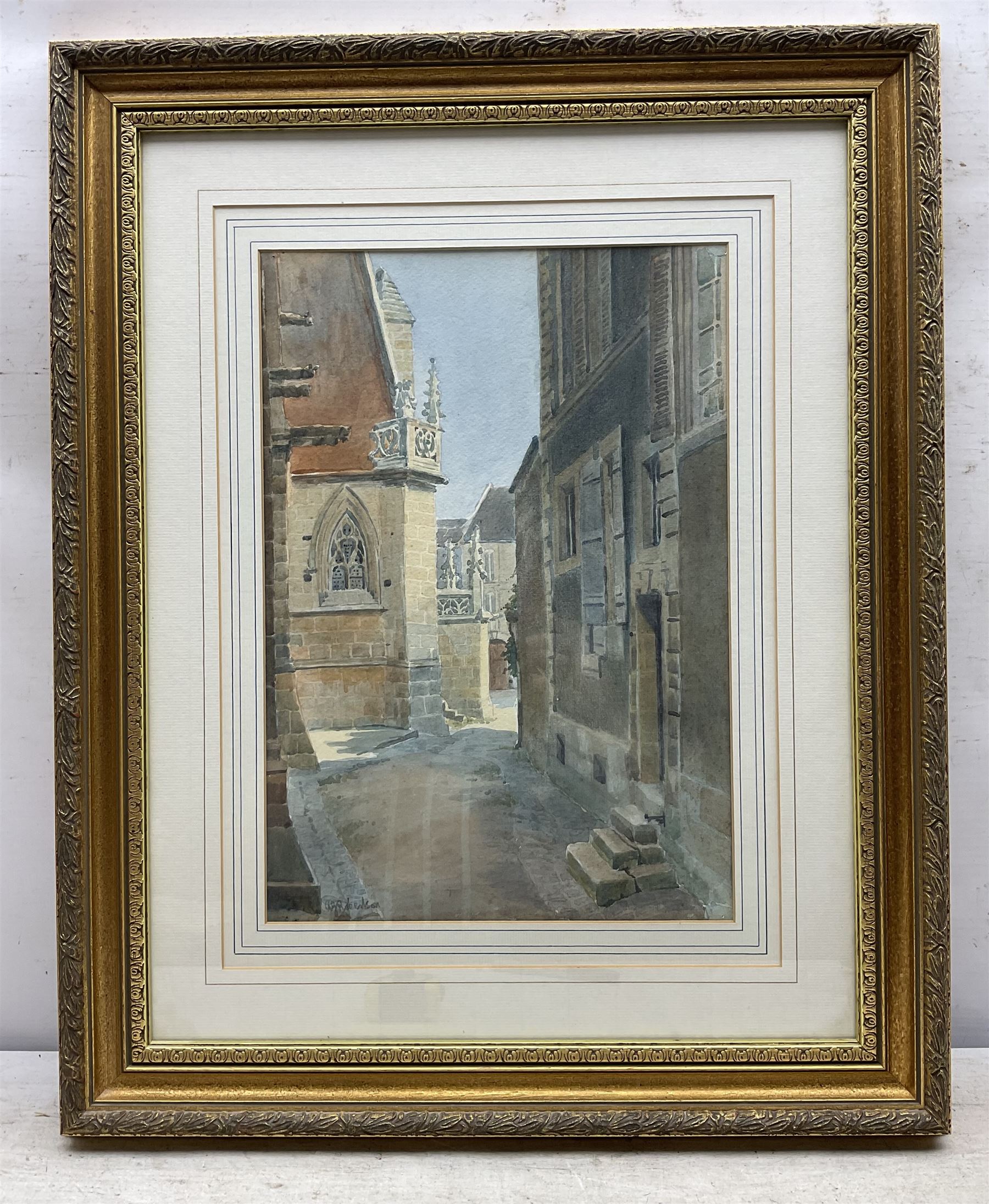 A J Robertson (British 19th Century): 'Holy Trinity - Falaise Normandy', watercolour signed, titled on original label; Walter Schroder (British 19th/20th Century): Church Altar and Interior, watercolour signed; together with a Norman Jackson watercolour and another print max 47cm x 35cm (4)
