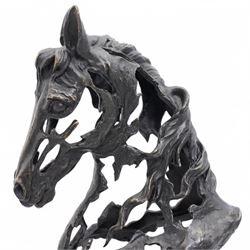 Bronze figure, modelled as a stylised horses head, upon a square marble plinth, signed and bearing foundry mark, overall H41cm