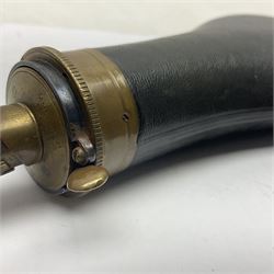 19th century James Dixon & Sons leather covered powder flask with patent action adjustable shot measure to dispense 2 1/4 - 3 drams; marked Parker Hale Ltd. Birmingham England L20cm