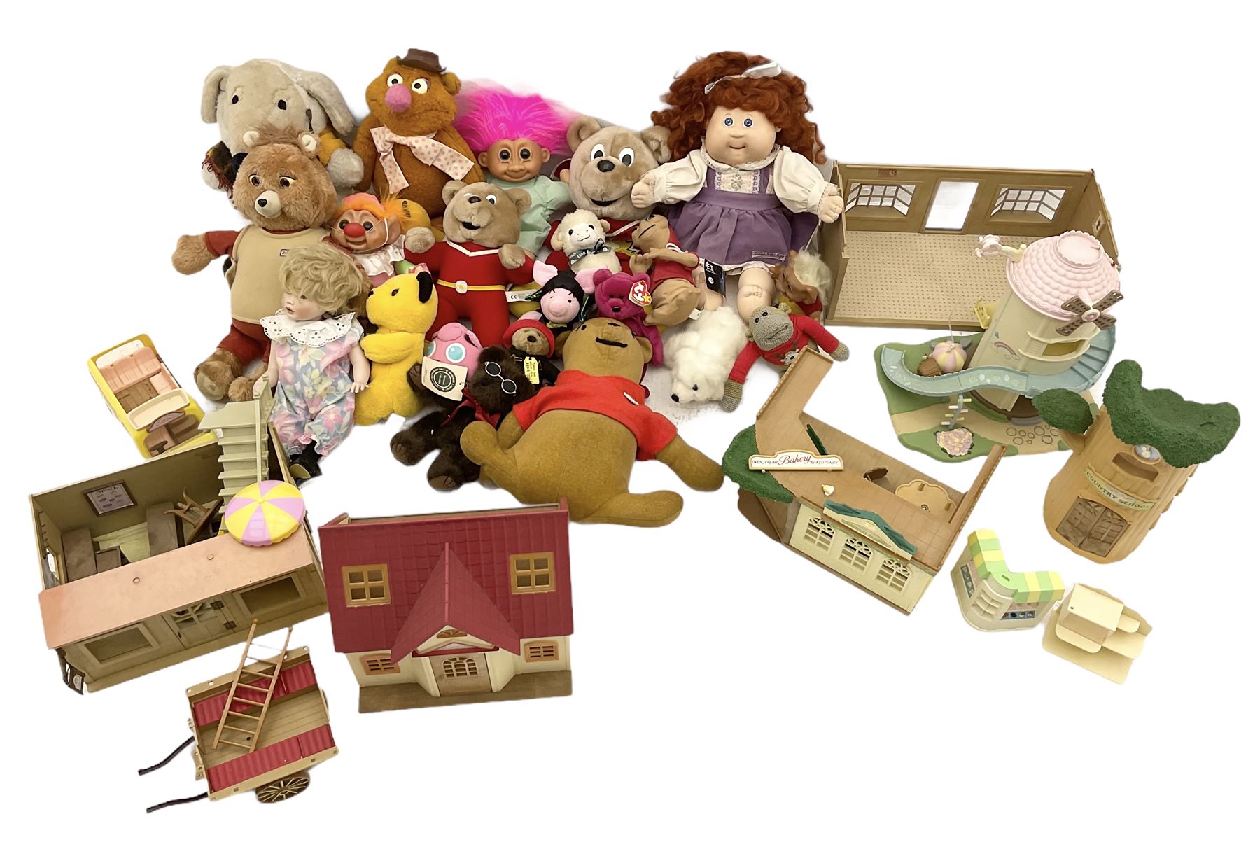 Quantity of stuffed toys and dolls to include Teddy Ruxpin, Cabbage Patch, Troll doll, and a quantity of plastic toys including Sylvanian Families Country School etc, in two boxes