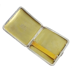  Silver cigarette case with gilt interior, yellow and rose gold striped engine turned decoration by A M & M Ltd, London 1925, approx 4oz  