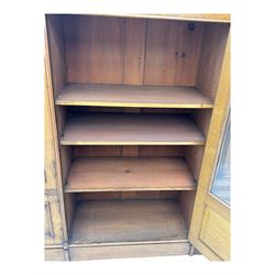 Late Victorian pollard oak bookcase or sideboard, the central glazed door opening to reveal adjustable shelves and interior makers label 