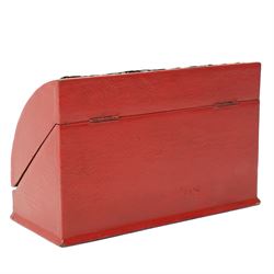 Late Victorian red leather stationery casket with divided watered silk interior, the hinged front with repousse silver mounts H19cm x W30cm London 1889 Maker William Comyns