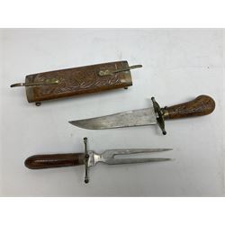 Early 20th century Indian wooden fish scabbard knife and fork serving set, together with other carving instruments with antler handles to include a Walker & Hall example