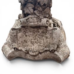 Pair of weathered composite stone garden figures, modelled as a girl and a young satyr playing the panpipes seated on column supports, the fluted columns with climbing ivy vines and surmounted animal, butterfly and other zoomorphic motifs