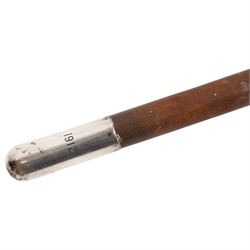 Swaine & Adeney( London) - 20th century yew coaching whip, silver ferrule engraved 'A.N.F Spicer From E.K Fownes' and silver butt end engraved 1912, hallmarked London, L160cm