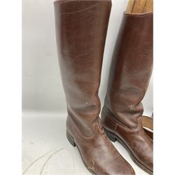Pair of WW1 style Army Officer's brown leather full leg riding boots with Alkit four-piece wooden boot trees; and two officer's Sam Browne leather belts with cross-straps, one with sword frog (4)