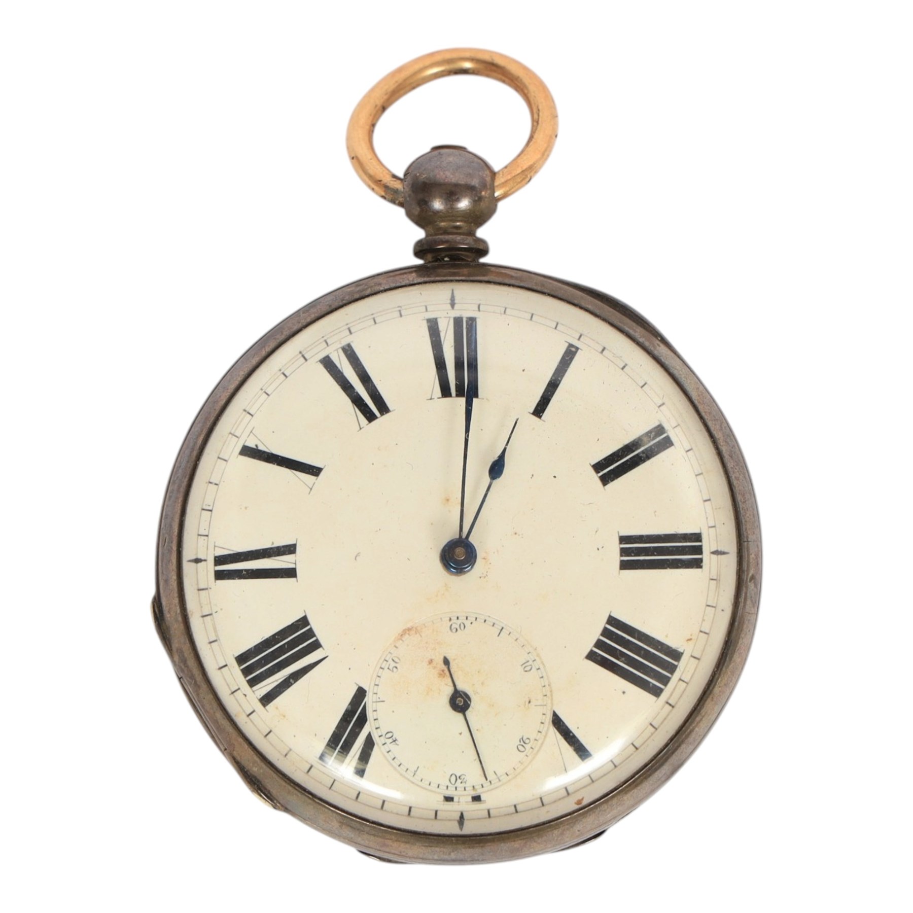 Three pocket watches, comprising silver open faced example, silver fob watch and a brass open faced example