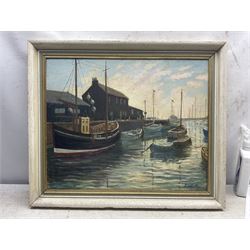 Harold Pye (Fylingdales Group mid 20th century): 'Sunrise - Bridlington Harbour', oil on board signed, titled on label verso 44cm x 54cm 