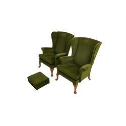 Parker Knoll - pair  vintage 'Penhurst' wingback armchairs, upholstered in olive green fabric on cabriole front supports
