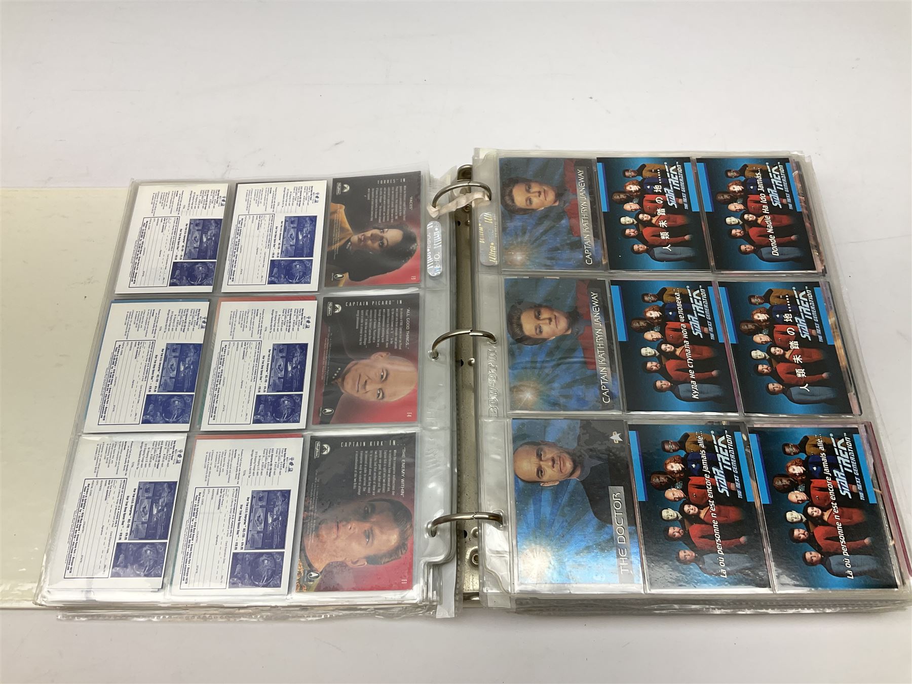 Collection of Star Trek collectors cards to include ‘Alternate Universe’ and ‘Q Continuum’ series, Star Wars cards etc housed in white album
and Harry Potter, Disney and other loose examples
