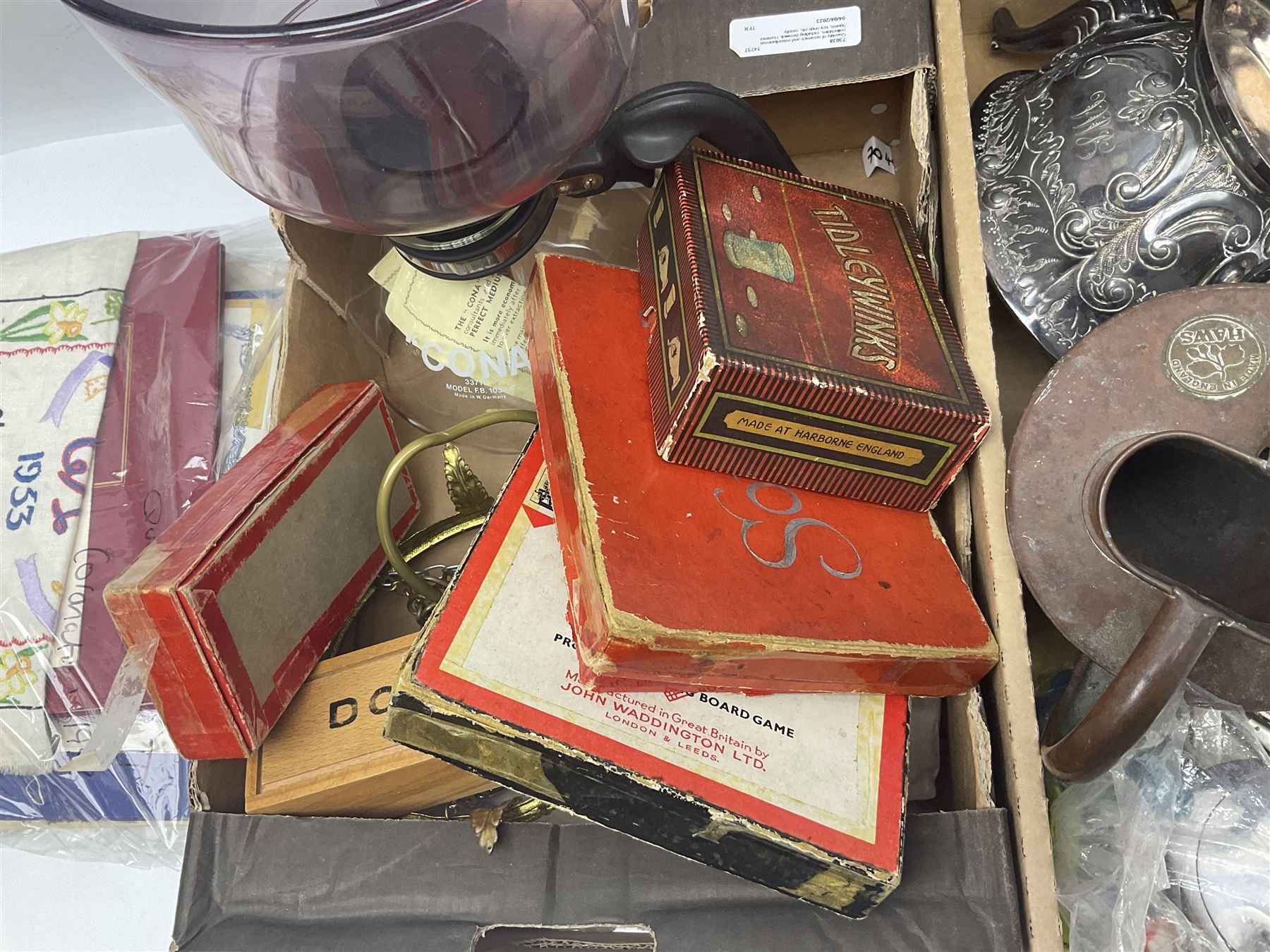 Piquot ware tea set, together with brass candlesticks, fireside tools and other collectables, in two boxes  