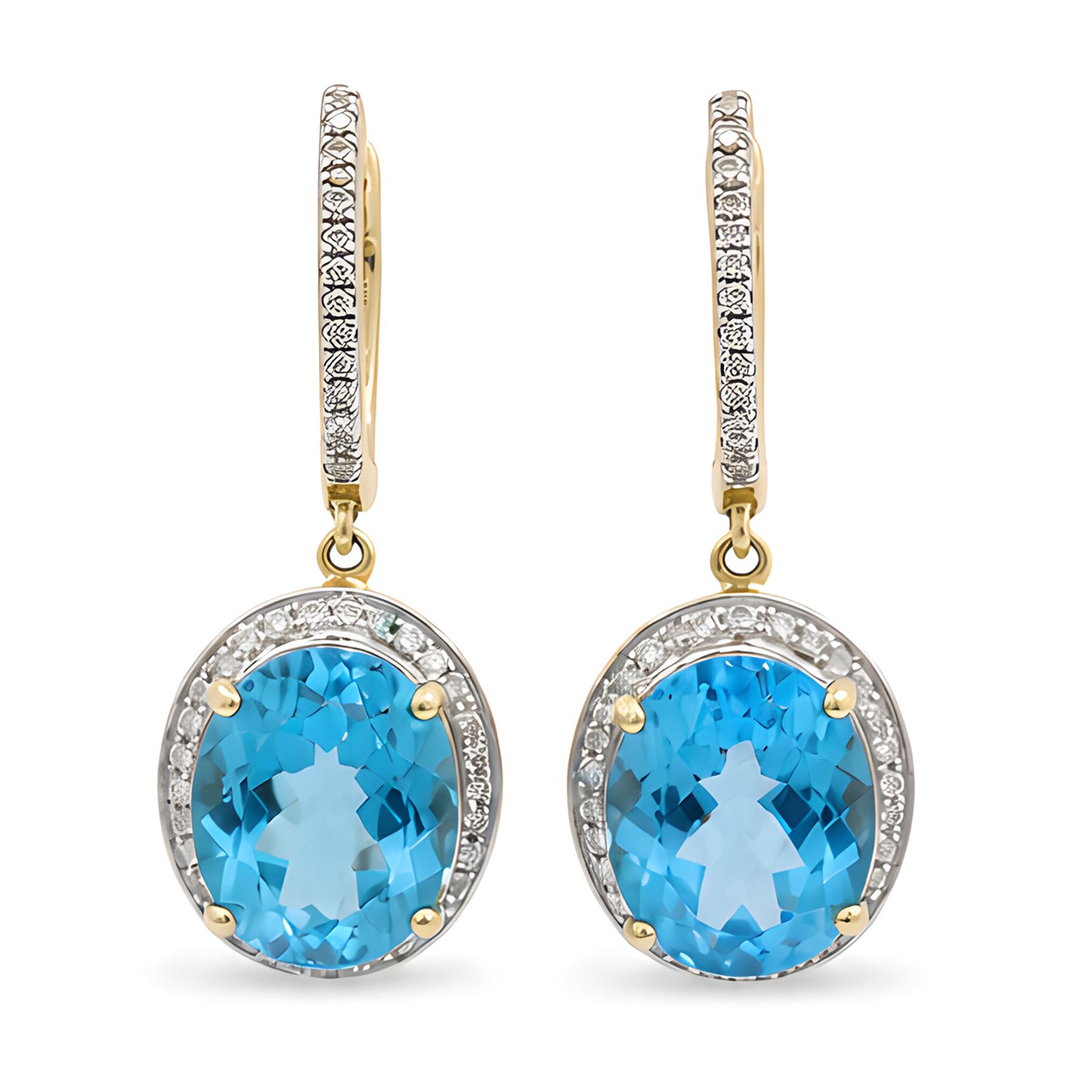 Pair of 14ct gold Swiss blue topaz and diamond pendant earrings, each stud suspending a single oval cut topaz, surrounded by single cut diamonds, to a diamond set bail, total topaz weight approx 8.00 carat