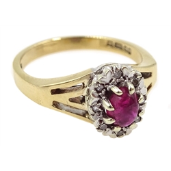 9ct gold cabochon ruby and diamond cluster ring, hallmarked 