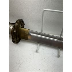 WWII Japanese katana with cast pierced tsuba, the L69cm arsenal steal blade marked 144559, with black lacquer Saya (scabbard), L97cm overall