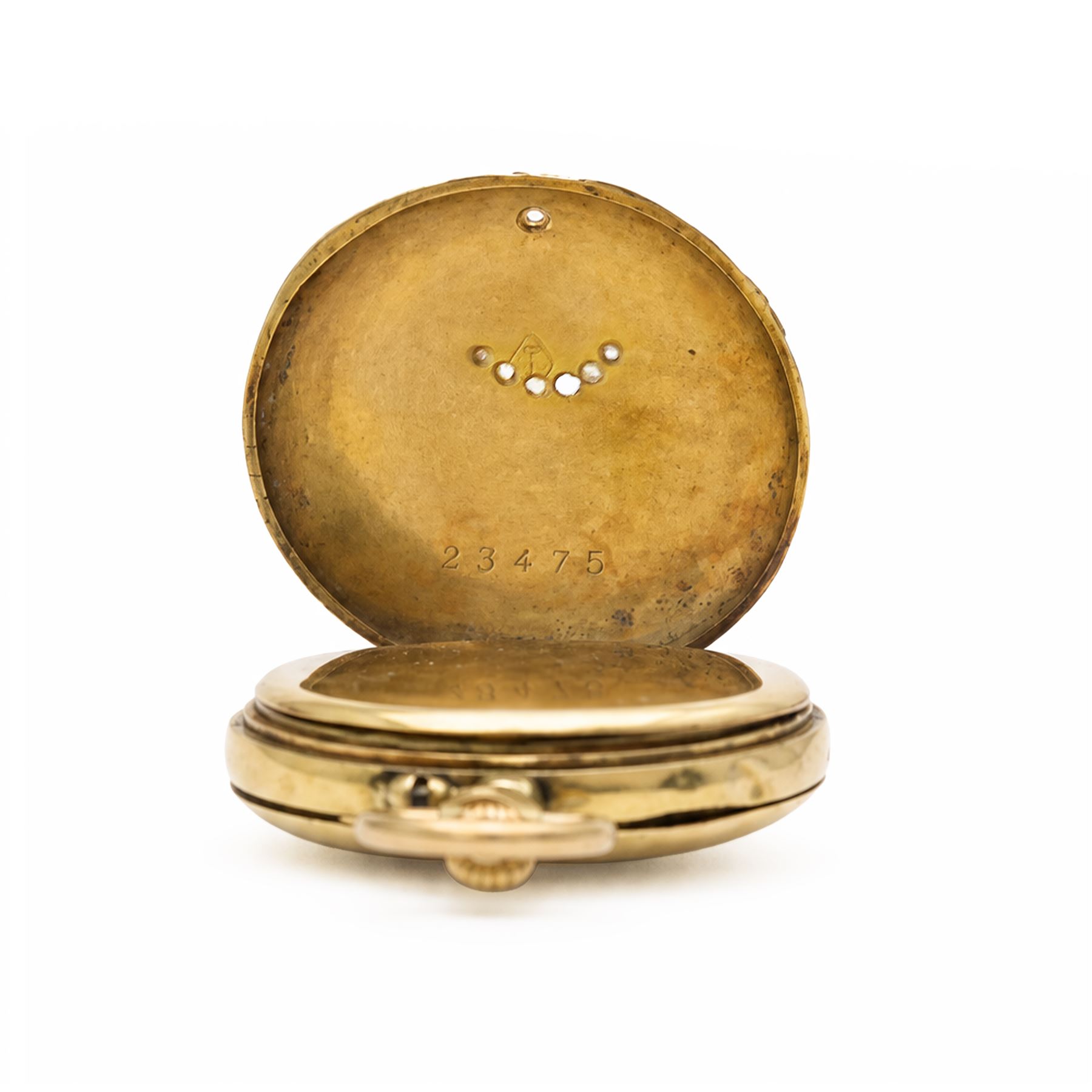 French 19th / early 20th century 18ct gold ladies cylinder fob watch, white enamel dial with Arabic hour markers, the back case set with rose cut diamonds, surrounded by embossed foliate decoration and engraved with initials 'D A', horses head hallmark