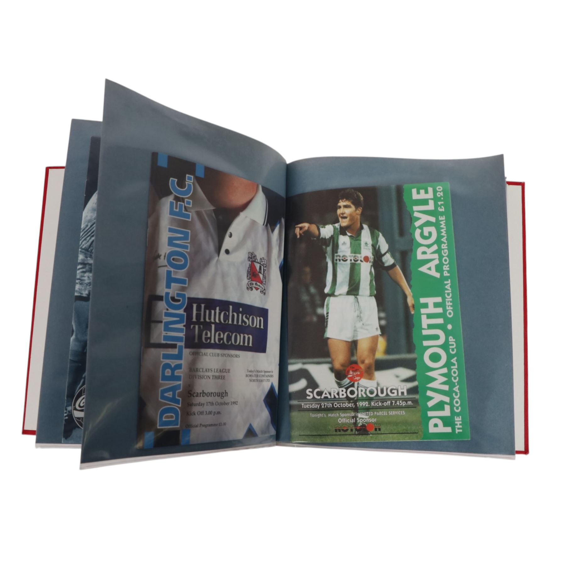 Comprehensive collection of approximately one hundred and seventy Scarborough FC football programmes for the 1990/91, 1991/92 and 1992/93  seasons, all filed within six dedicated Scarborough FC red Home and Away binders