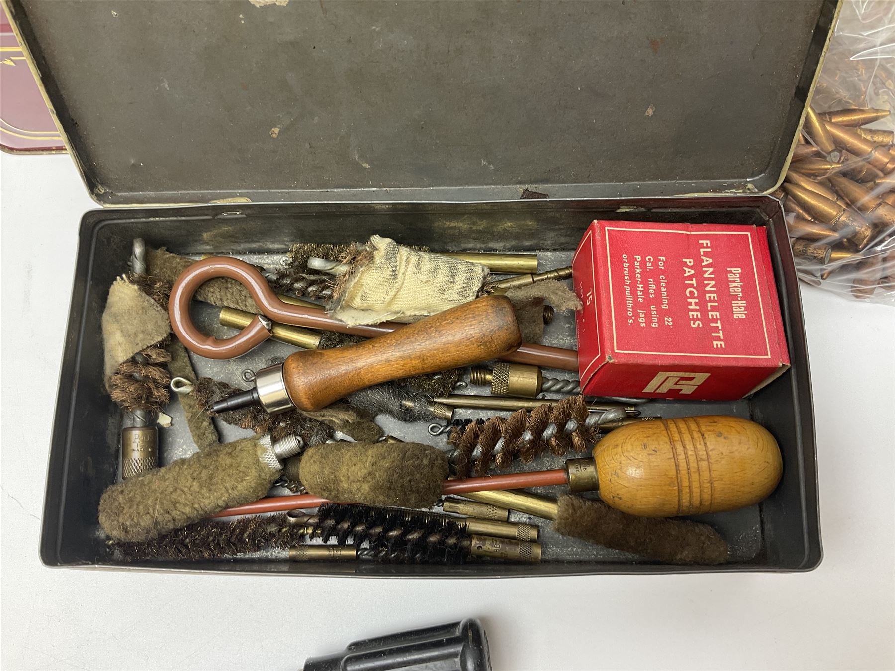 Assorted gun cleaning equipment including .303 brass oil bottle and boxed Webley Cleaning Kit etc; together with quantity of various calibre bullets for reloading 