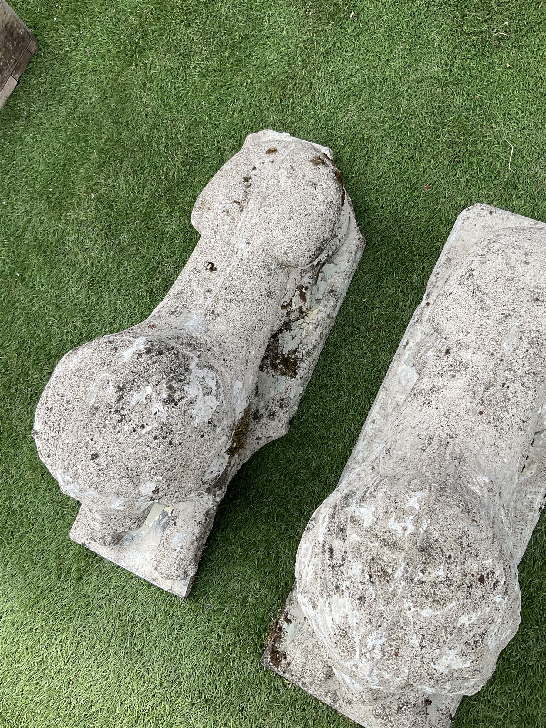 Pair composite stone garden recumbent lions - THIS LOT IS TO BE COLLECTED BY APPOINTMENT FROM DUGGLEBY STORAGE, GREAT HILL, EASTFIELD, SCARBOROUGH, YO11 3TX