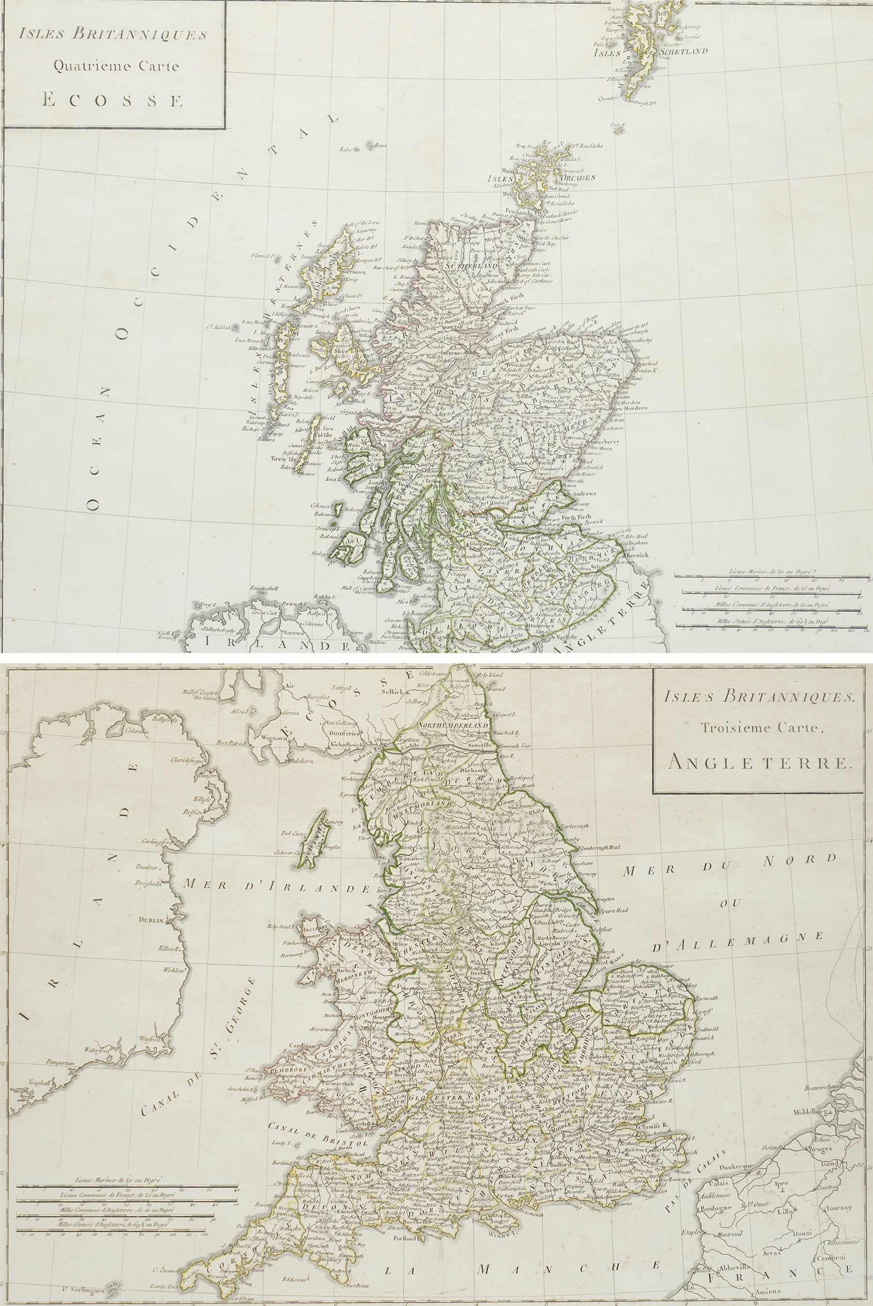 Pierre Antoine Tardieu (French 1757-1822): 'Isles Britanniques Troiseme and Quatrieme Cartes - Angleterre and Ecosse', pair 18th century engraved maps of England and Scotland with hand-colouring pub. Paris c.1798, 41cm x 50cm (2)