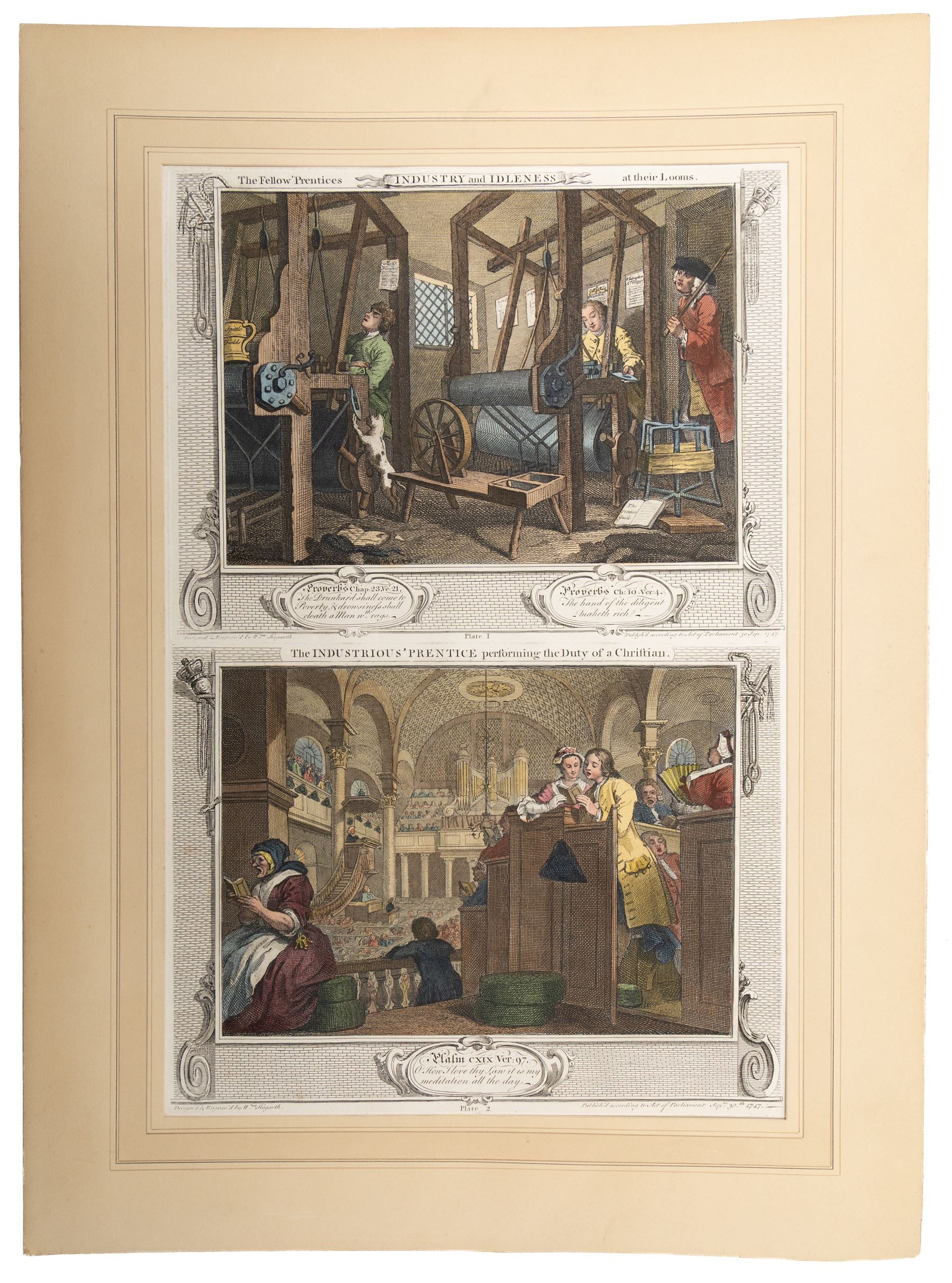 After William Hogarth (British 1697-1764): 'Industry and Idleness' series, complete set of twelve hand-coloured etchings individually titled and dated on the plate 1747, max 53cm x 35cm (7) (unframed)
