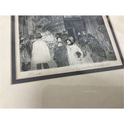 H Parker (British 20th century): Landscape, watercolour signed, English School (early 20th century): St. Pauls Cathedral, etching indistinctly signed and titled, together with seven other prints and paintings (9)