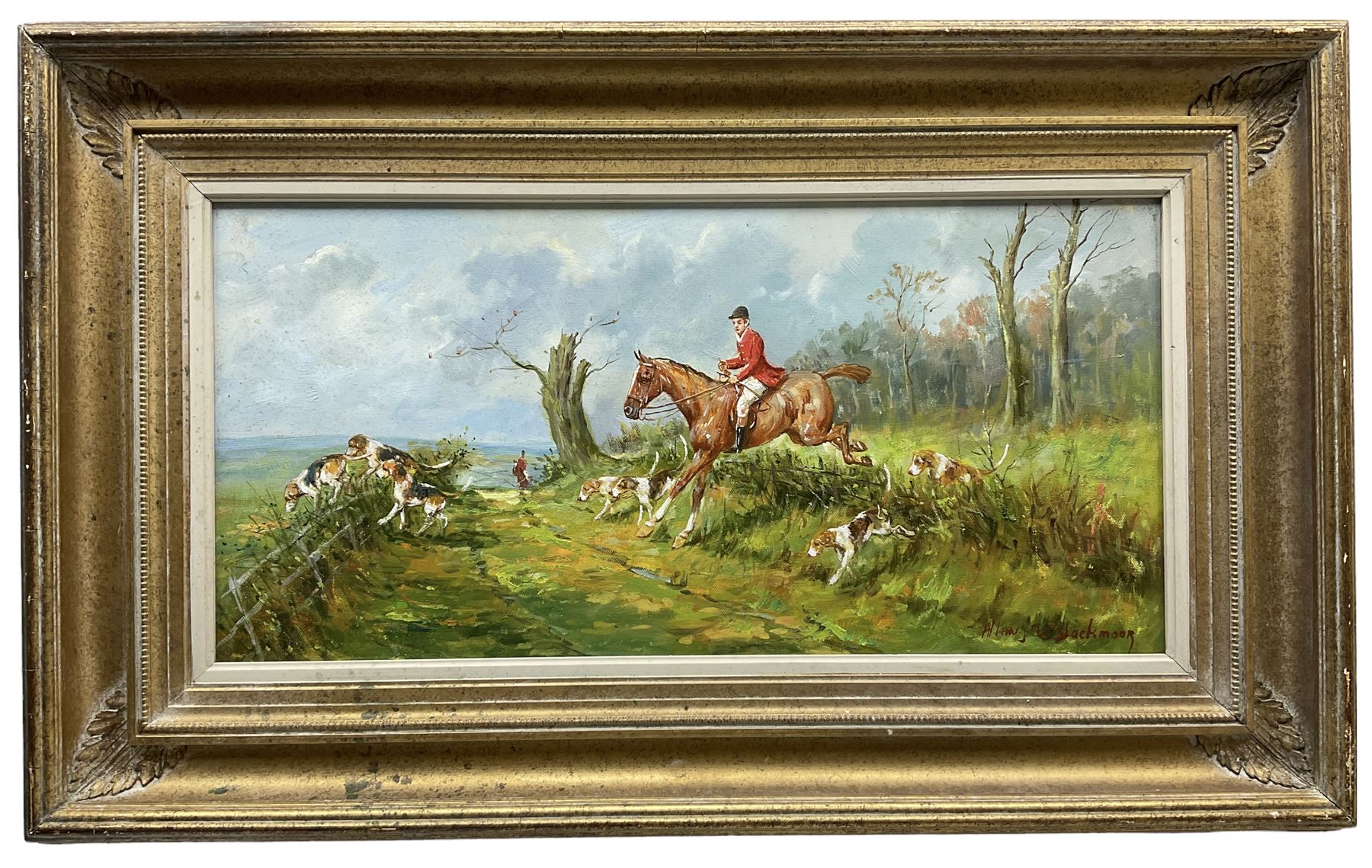 Allan Blackmoor (British 20th century): Hunting Scene, oil on canvas signed 28cm x 58cm