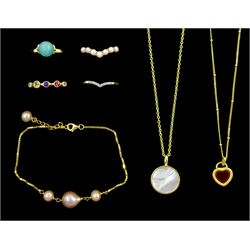 Collection of silver-gilt jewellery including mother of pearl pendant necklace, diamond wishbone ring, pearl wishbone ring, pearl bracelet and multi gemstone set ring
