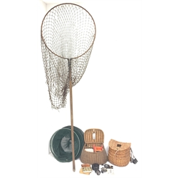 Fishing tackle including a landing net, two creels, fly tin, small brass reel, other reels, crab lines etc 