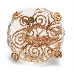 18ct gold rock crystal ring, single round cut crystal, mounted in a fancy textured swirl u...