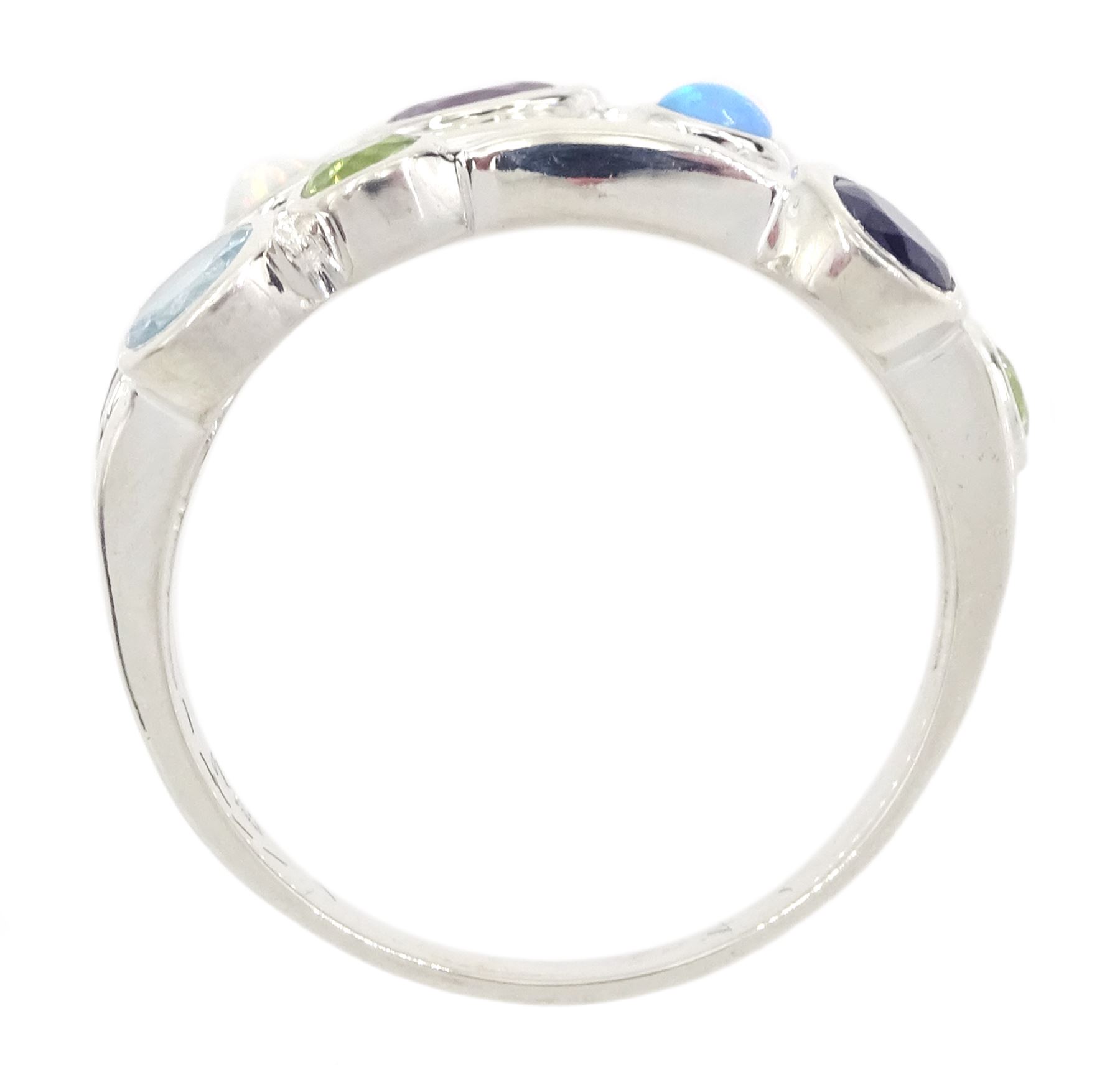 Silver opal, amethyst, iolite, topaz and peridot set ring, stamped 925 