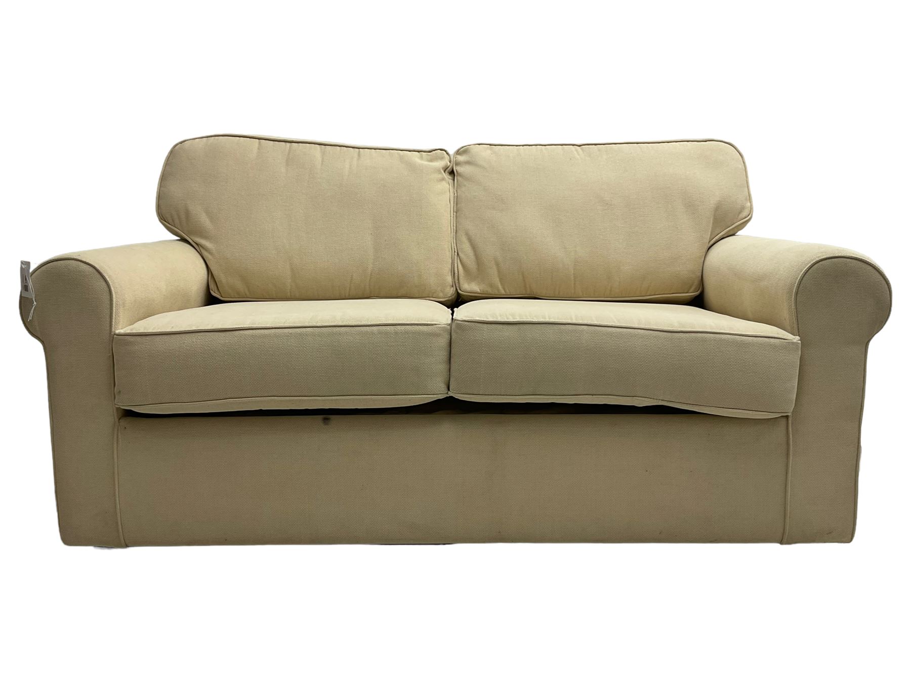 Harrods - traditional shaped two seat sofa bed, upholstered in textured beige fabric