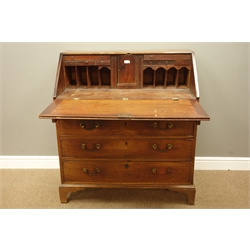  George III mahogany bureau, fall front with fitted interior, four long graduating drawers, on bracket feet, W98cm, H105cm, D53cm  