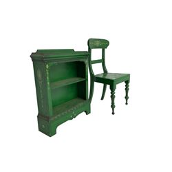 Victorian side chair on turned front supports (W51cm, H93cm), and an early 20th century bookcase, fitted with single shelf, on shaped plinth base with foliate carved moulding (W64cm, H80cm, D20cm), both in green painted finish with Neo-Classical design decoration
