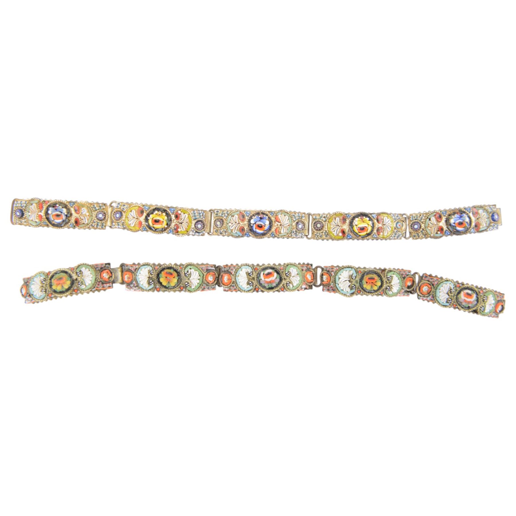 Five micro mosaic bracelets, each bracelet having five panels centred with flowers