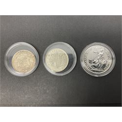 Queen Elizabeth II 2017 one ounce fine silver Britannia coin, The Royal Mint 2013 fine silver twenty pound coin on card, King George VI 1945 halfcrown and King George V 1916 halfcrown