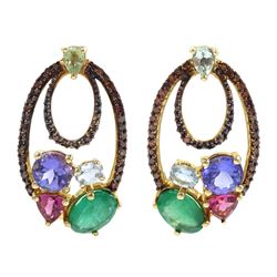 Pair of 9ct gold orange diamond and gemstone set pendant stud earrings, hallmarked