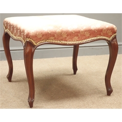  Victorian mahogany footstool, cabriole supports, upholstered in floral fabric, W60cm, H48cm, D58cm  
