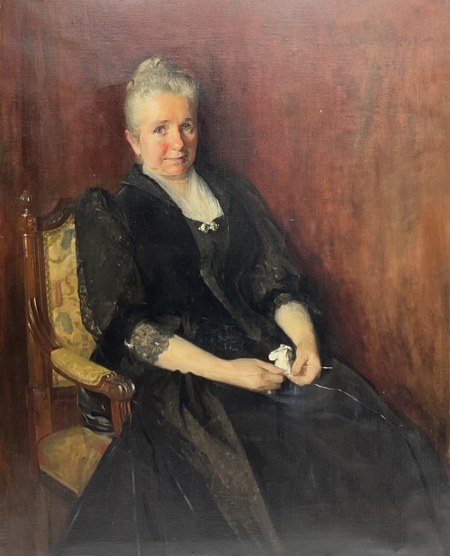 William Ewart Lockhart RSA (Scottish 1846-1900): Portrait of Mary Polson (1832-1911), oil on canvas signed and indistinctly dated 126cm x 101cm 

Notes: Mary was the wife of John Polson, of Paisley and Castle Levan, who discovered and patented a method for producing corn flour, transforming the fortunes of his father’s muslin manufacturing plant in Paisley. William Ewart Lockhart was a family friend of the Polsons, and painted John Polson’s portrait in 1893. In 1887, the couple's daughter, Mary Alice Polson, married Archibald Corbett, then the Liberal Unionist MP for Glasgow Tradeston. The pair purchased the Rowallan Estate in Ayrshire in 1901, donating their previous home at Rouken Glen as a public park to the citizens of Glasgow. Upon his retirement from the House of Commons in 1911, Corbett was granted the Barony of Rowallan, becoming 1st Baron Rowallan. 

Mary was made an Honorary Burgess of Paisley at the Clark Halls and was presented with a parchment and casket by a Mr MacKean on behalf of the Town Council. She also contributed funds for the erection of a nurses’ home, Paisley Infirmary, and Thomas Shanks Memorial Park in Johnstone, named after her brother, Colonel Thomas Shanks.

Lockhart studied at the Royal Scottish Academy from the age of thirteen in 1860, and by 1861 he was submitting work to its Annual Exhibition. He exhibited annually at the RSA for the remainder of his life, with the exception of 1864 when he went to Australia to improve his health, and 1889/90, when completing a royal commission celebrating the 1887 Jubilee. Lockhart is most renowned for his commissioned portraits, though he also painted scenes of Spanish life following several visits to the country.