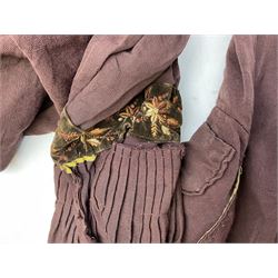 Victorian ladies riding habit, the two-piece construction in brown with embroidered floral velvet edging